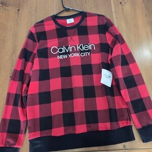 Calvin Klein Red and Black Checkered Crewneck Sweater